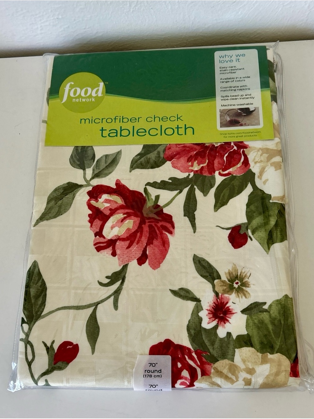 Food Network Microfiber Check Tablecloth 70” Round, Cream with roses.
